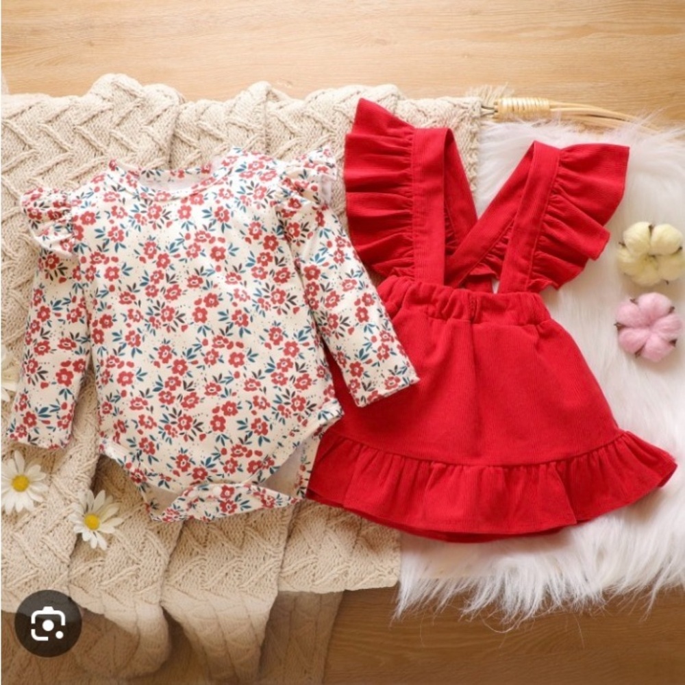 Floral Baby Onesie and Red Ruffle Dress Set